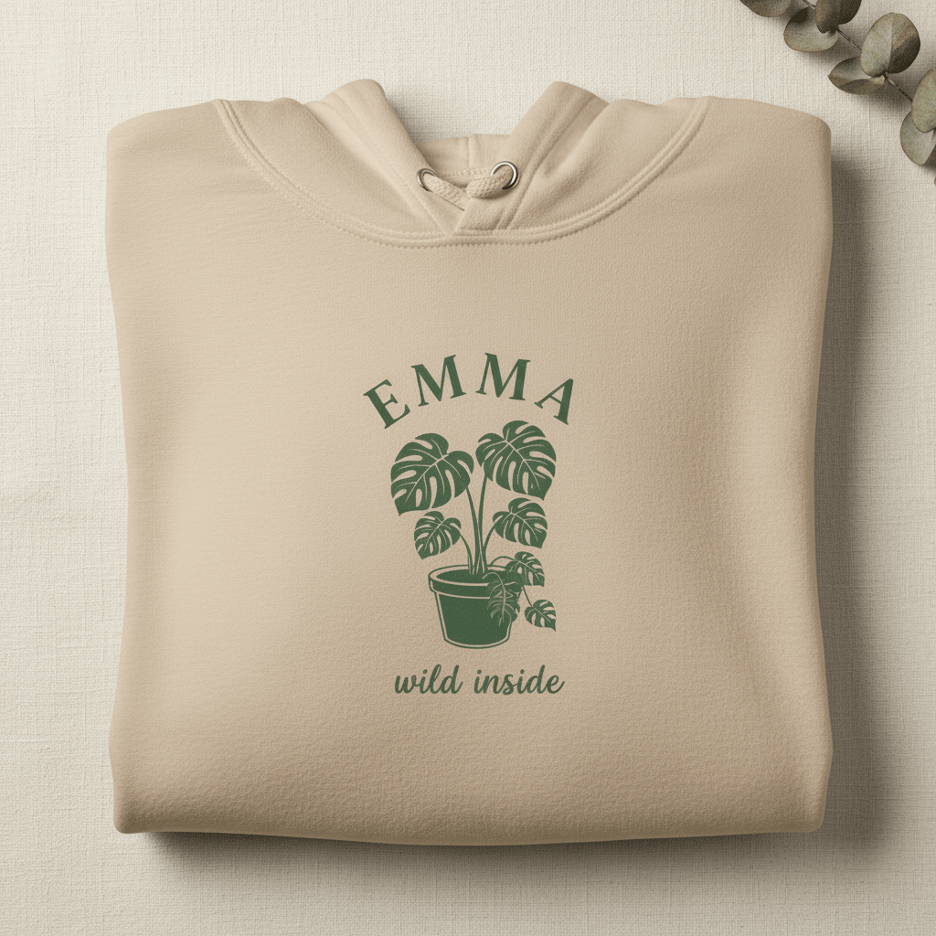 Light stone pullover hoodie with EMMA palm plant graphic and “wild inside” text.