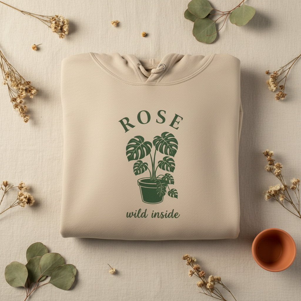 Light cream pullover hoodie with ROSE palm plant graphic and “wild inside” text.