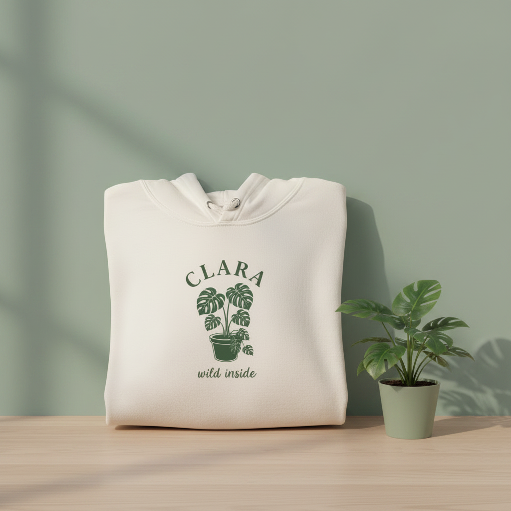Cream pullover hoodie with CLARA palm plant graphic and “wild inside” text.