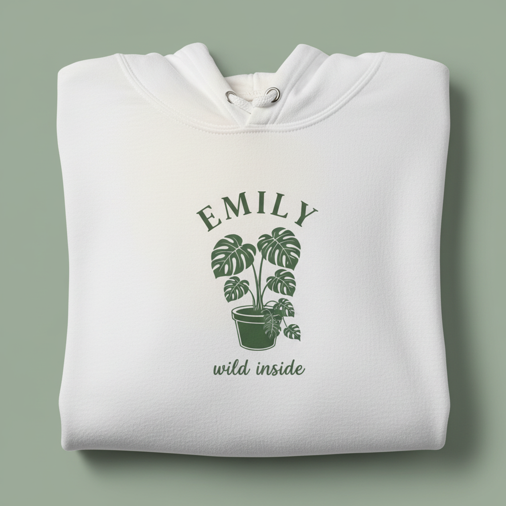 White hoodie with front hood and eyelet drawstrings; potted palm graphic with “EMILY”.