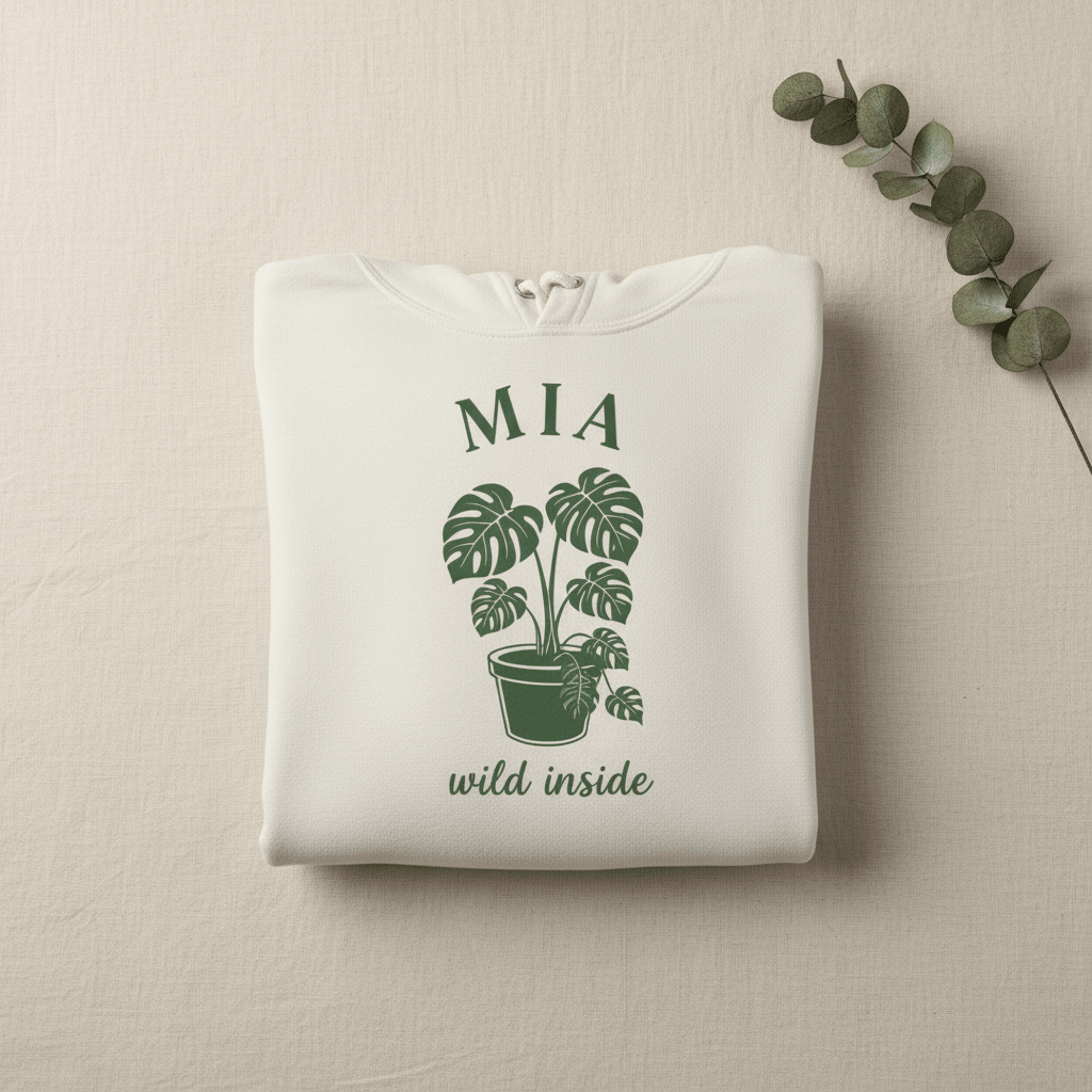 White pullover hoodie with MIA palm plant graphic and “wild inside” text.