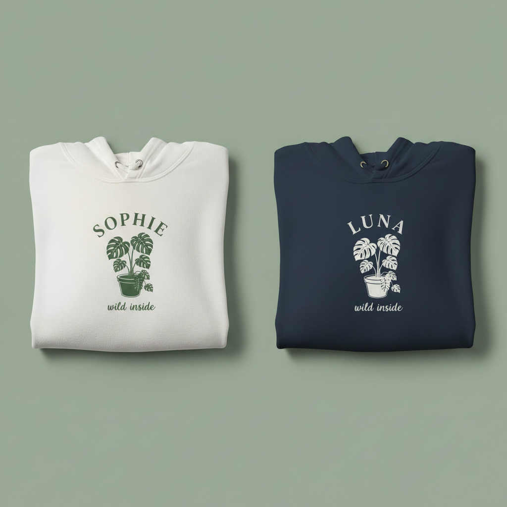 Two pullover hoodies: white SOphie and navy LUNA, each with palm graphic and “wild inside”.