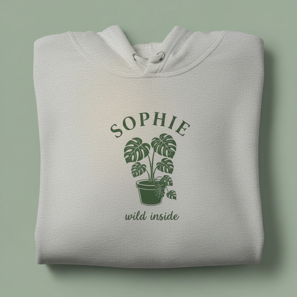 Light gray hoodie with front hood and eyelet drawstrings; potted palm graphic with “SOPHIE”.