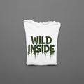 White hoodie pullover with green "WILD INSIDE" graphic on the front