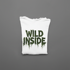 White hoodie pullover with green "WILD INSIDE" graphic on the front
