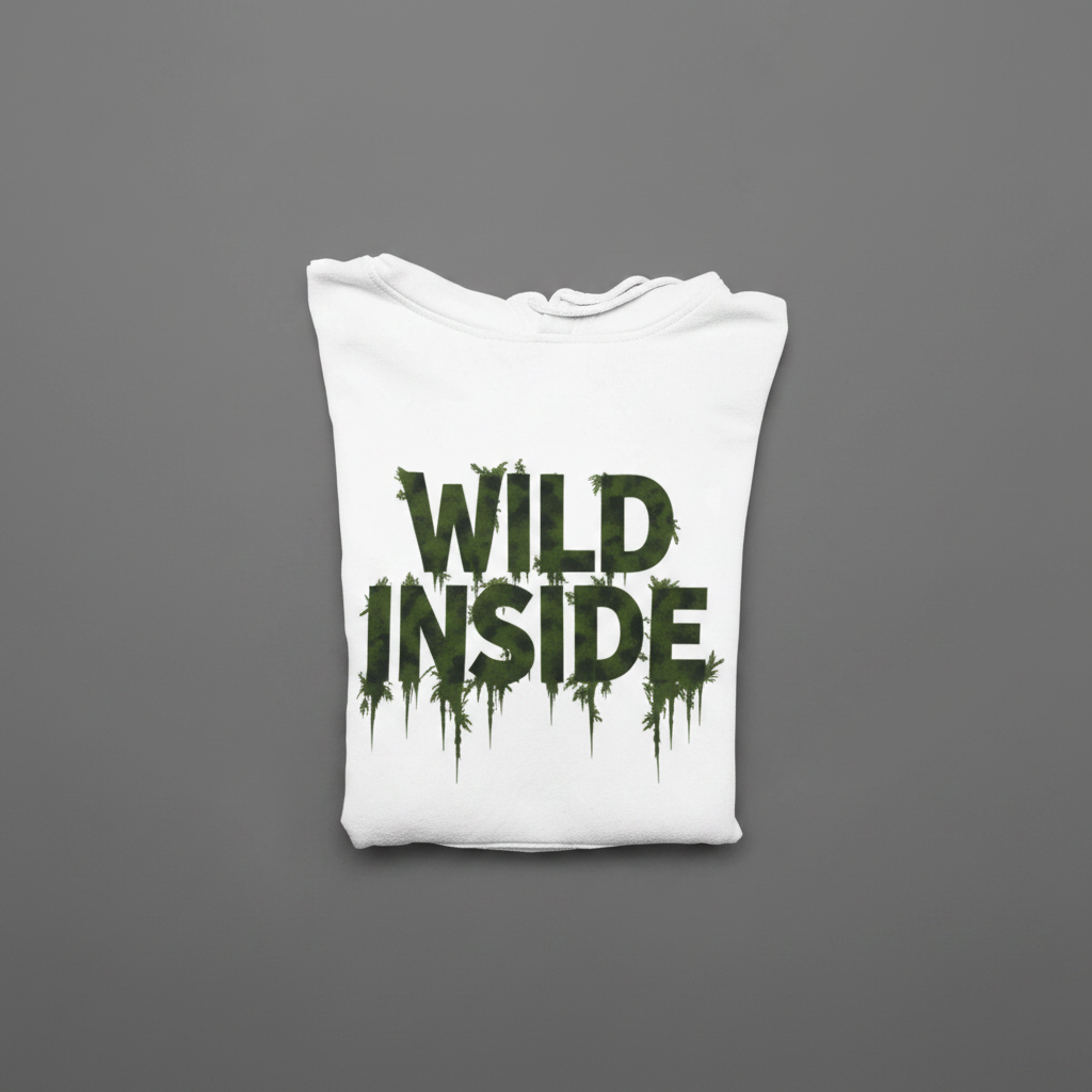 White hoodie pullover with green "WILD INSIDE" graphic on the front