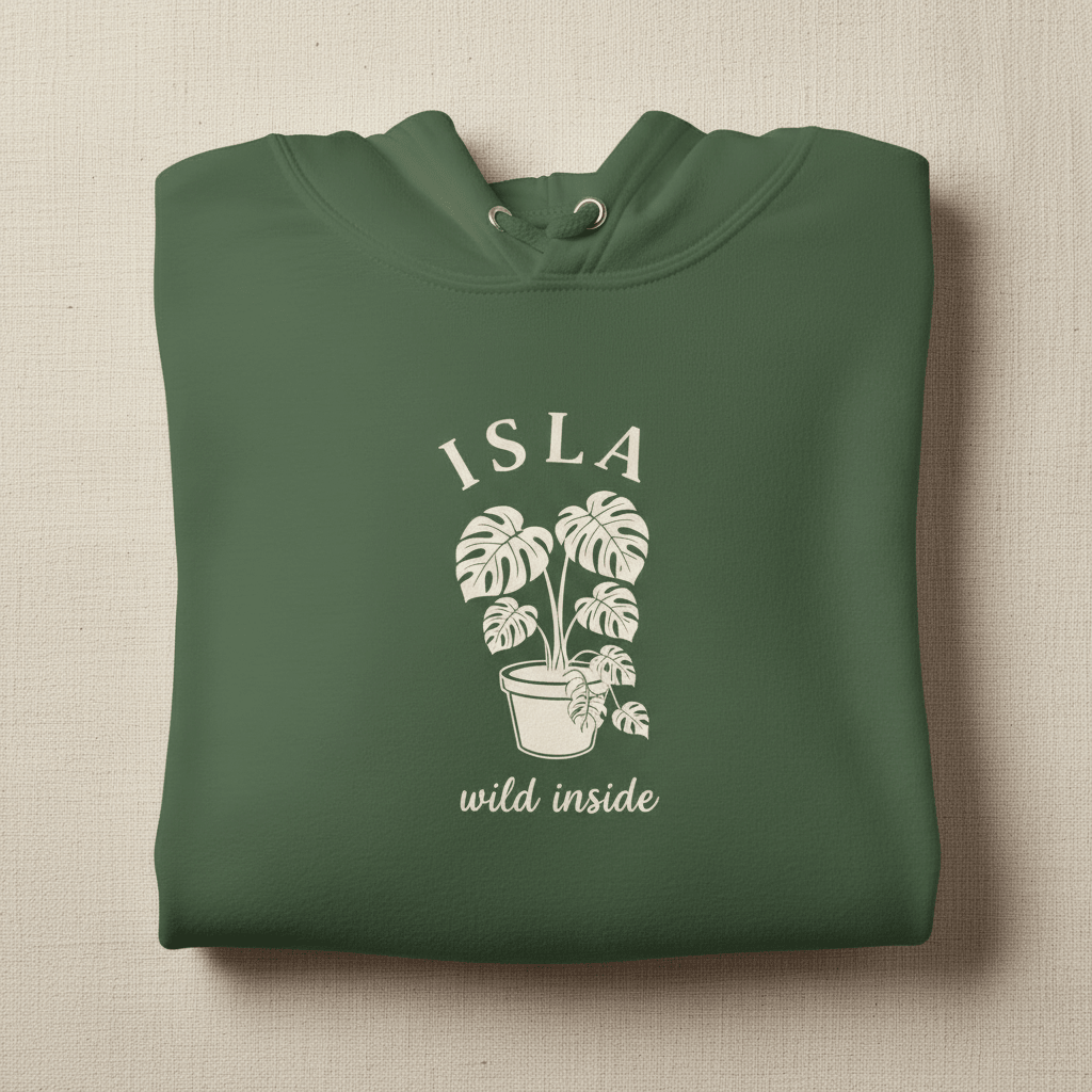 Green hoodie with front hood and eyelet drawstrings; potted palm graphic with “ISLA”.