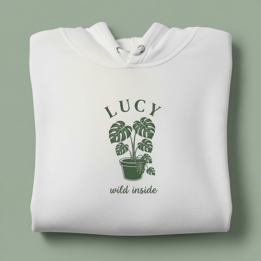 White hoodie with front hood and eyelet drawstrings; potted palm graphic with “LUCY”.