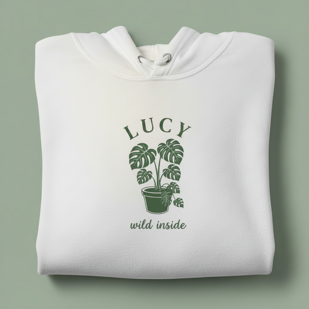 White hoodie with front hood and eyelet drawstrings; potted palm graphic with “LUCY”.