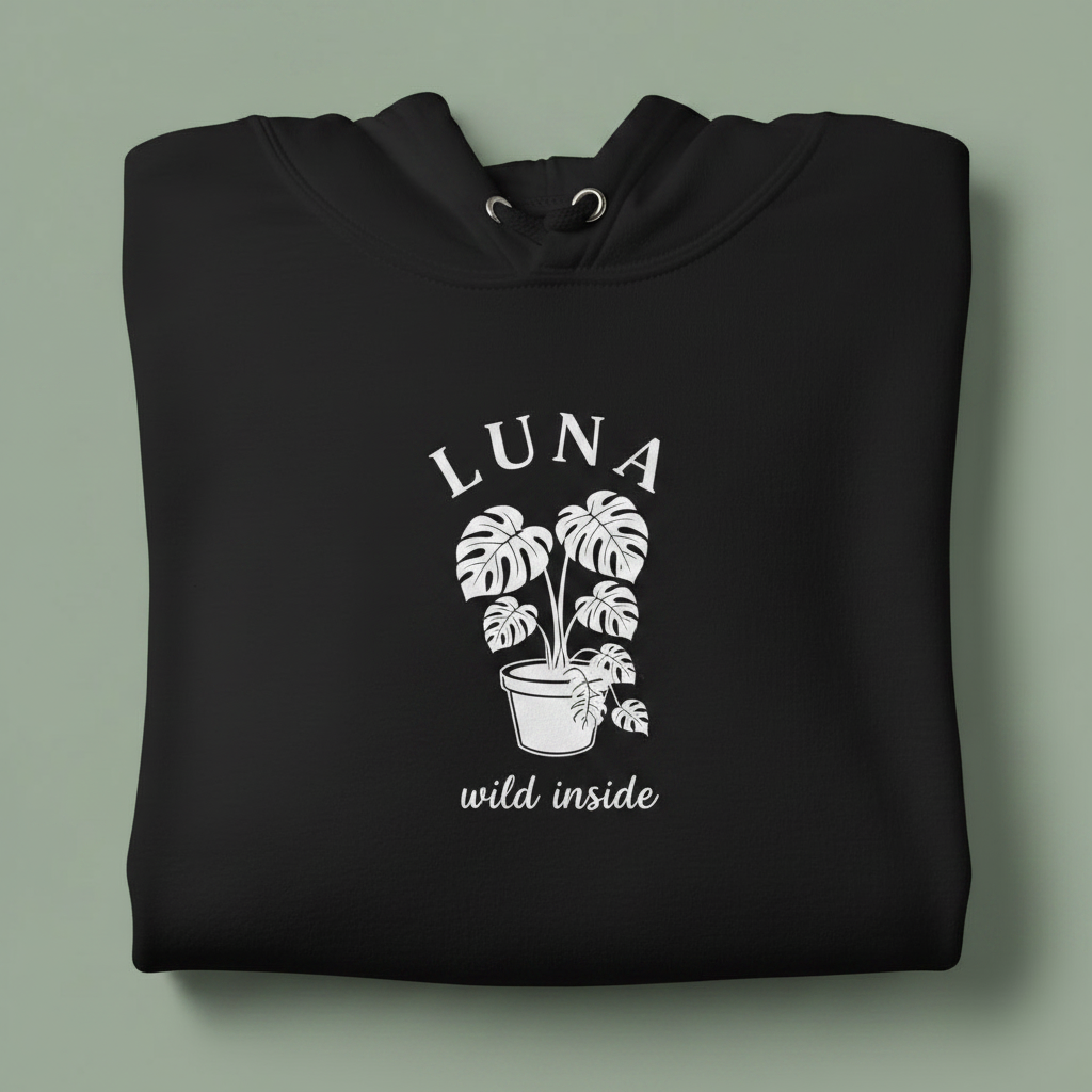Black hoodie with front hood and eyelet drawstrings; potted palm graphic with “LUNA”.