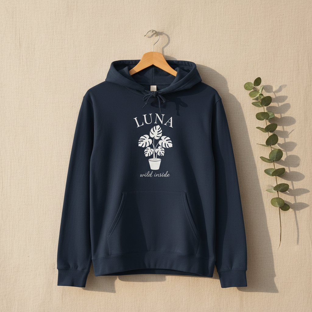Navy pullover hoodie with LUNA palm plant graphic, “wild inside” text, front pocket.