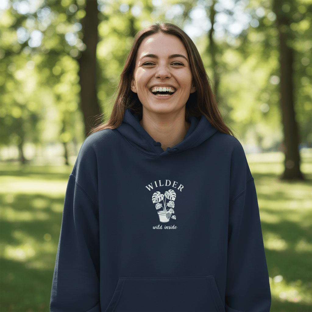 Navy pullover hoodie with hood and chest logo graphic, front kangaroo pocket