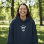 Navy pullover hoodie with hood and chest logo graphic, front kangaroo pocket