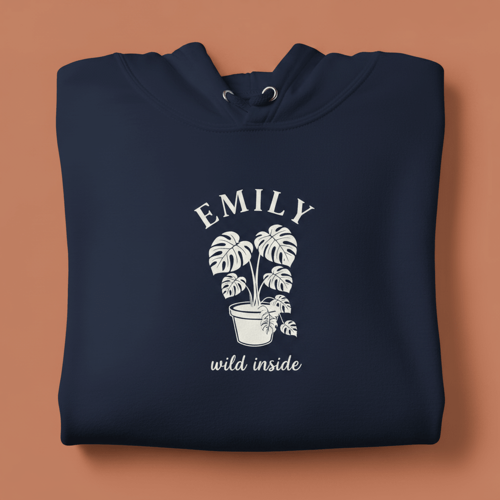 Navy pullover hoodie with EMILY palm plant graphic and “wild inside” text.