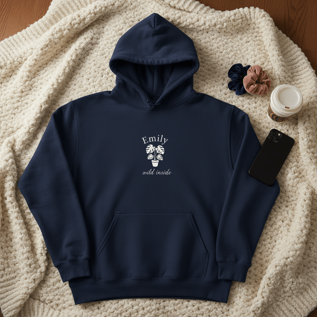 Navy pullover hoodie with hood and front graphic logo, kangaroo pocket