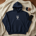 Navy pullover hoodie with hood and front graphic logo, kangaroo pocket