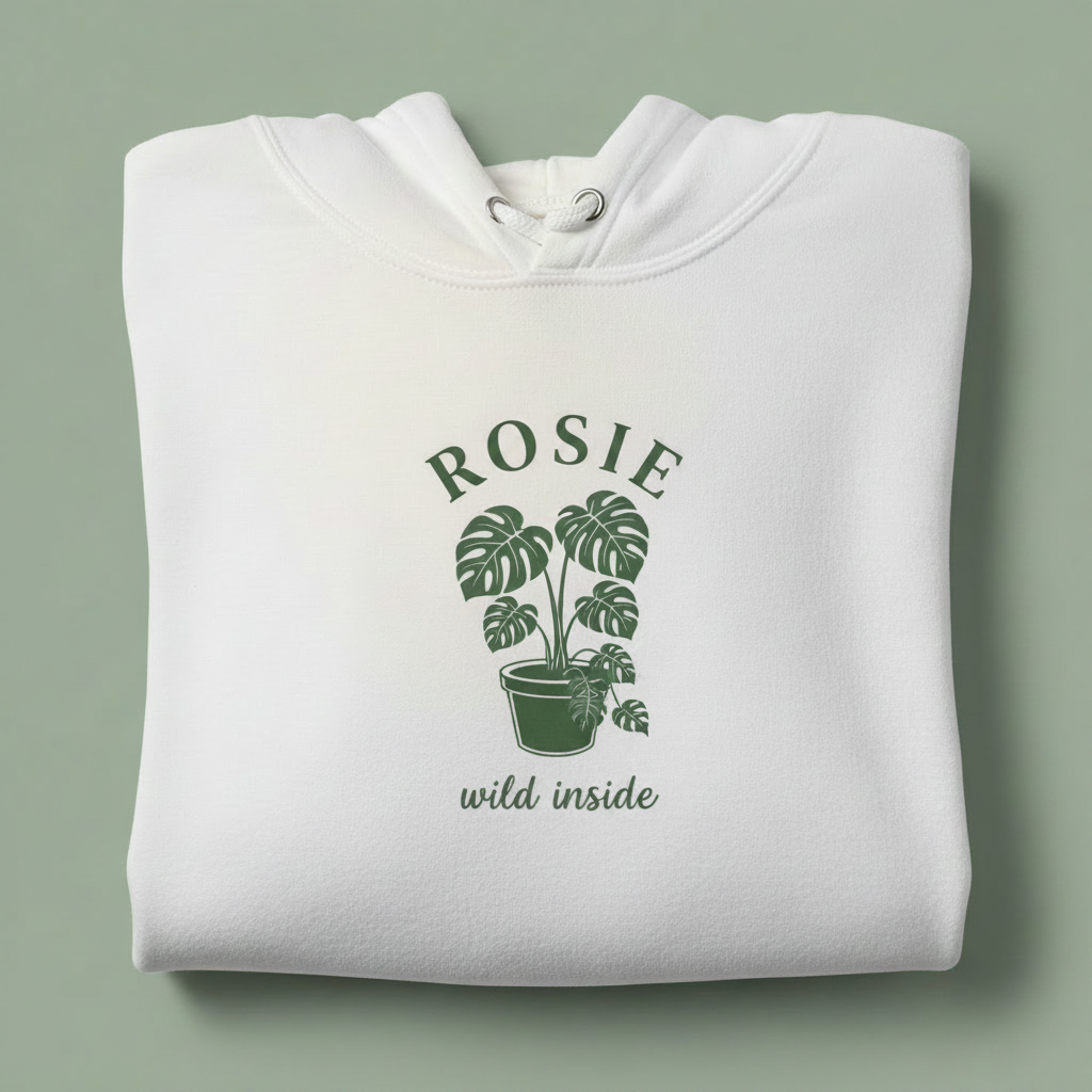 White hoodie with front hood and eyelet drawstrings; potted palm graphic with “ROSIE”.