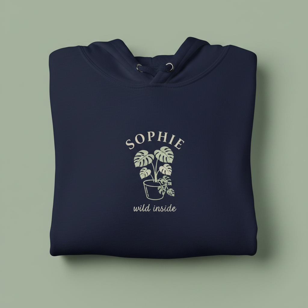 Navy hoodie with front hood and eyelet drawstrings; palm graphic with “SOPHIE” text.