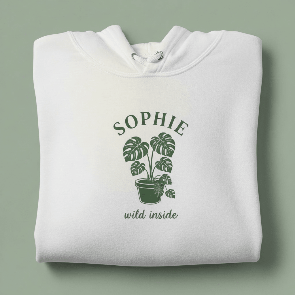 White hoodie with front hood and eyelet drawstrings; potted palm graphic with “SOPHIE”.