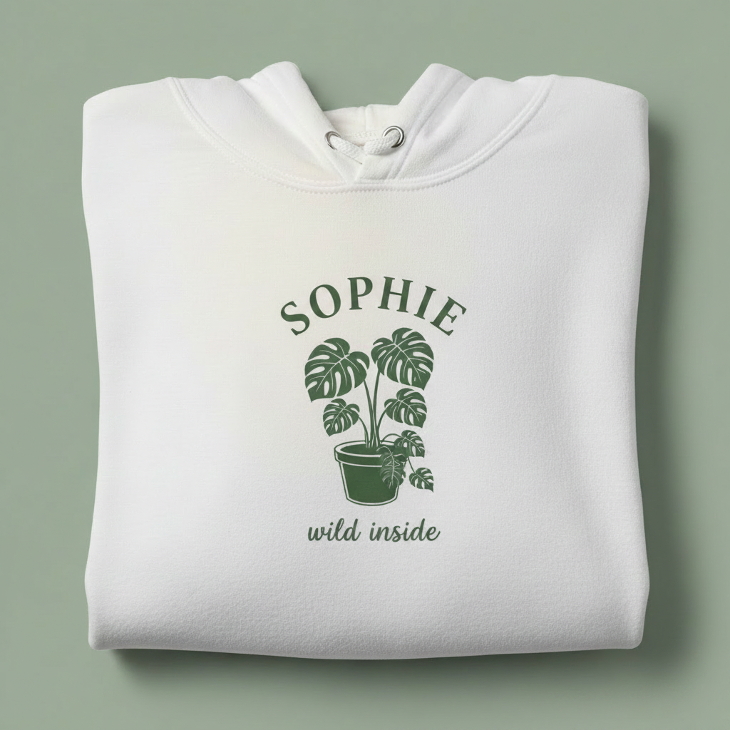 White hoodie with front hood and eyelet drawstrings; potted palm graphic with “SOPHIE”.