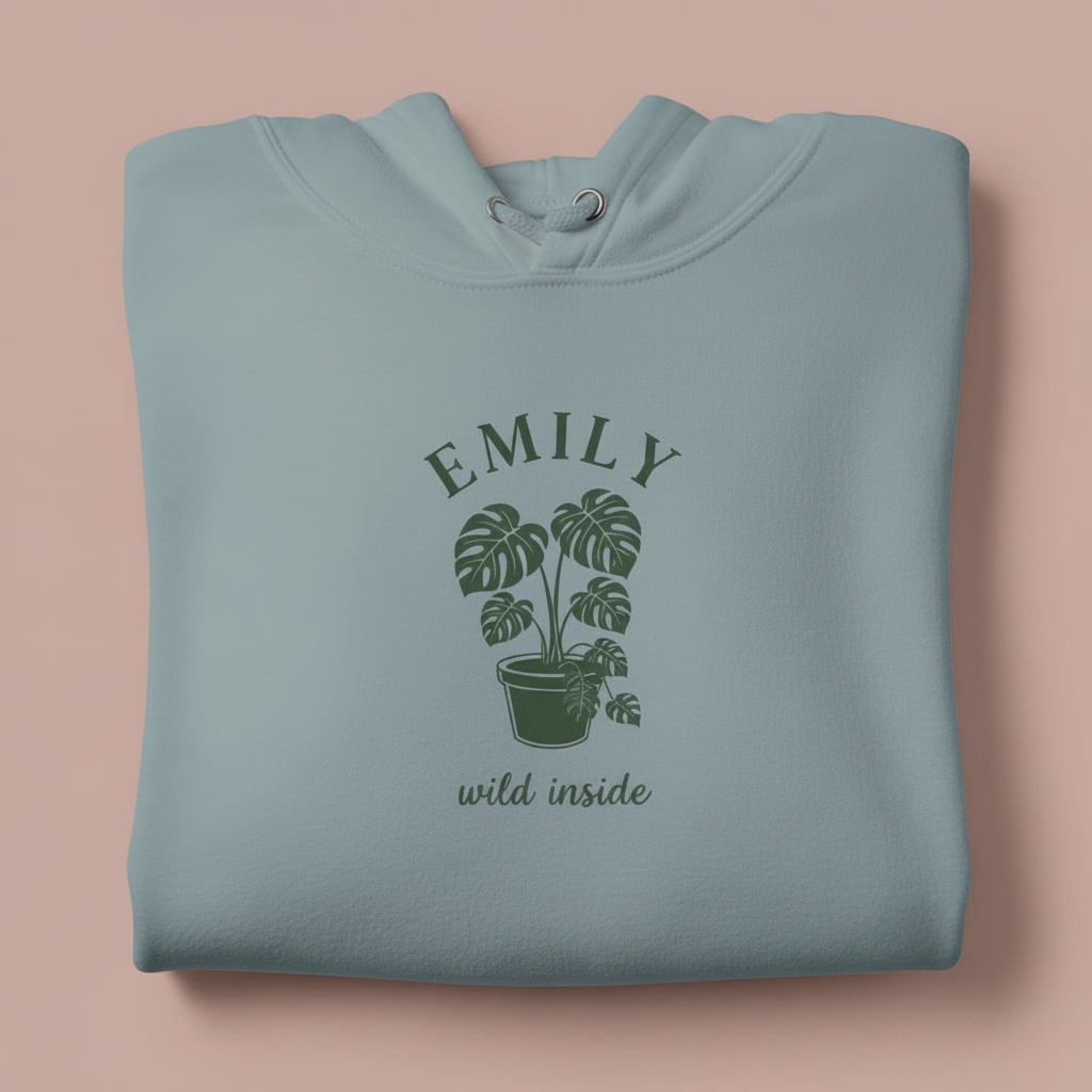 Light blue pullover hoodie with EMILY palm plant graphic and “wild inside” text.