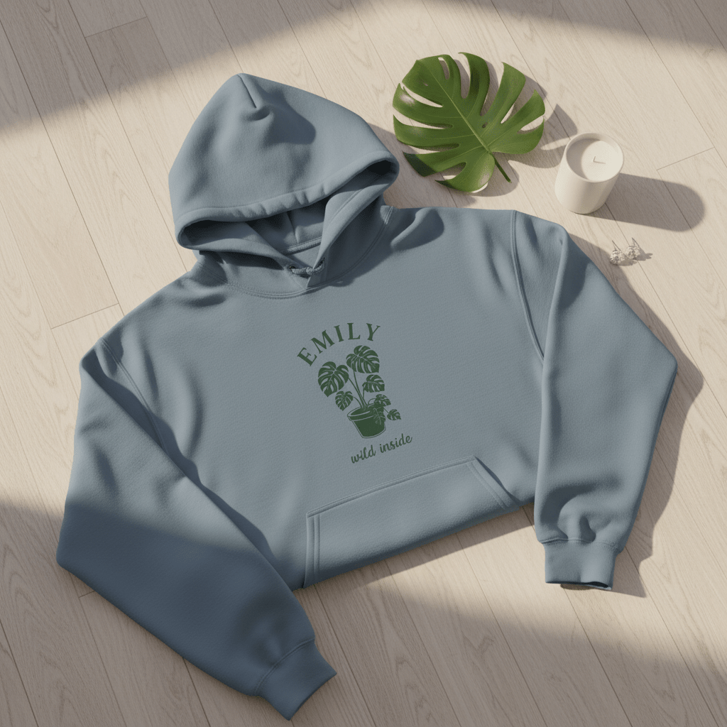 Blue pullover hoodie with hood and front graphic logo, kangaroo pocket