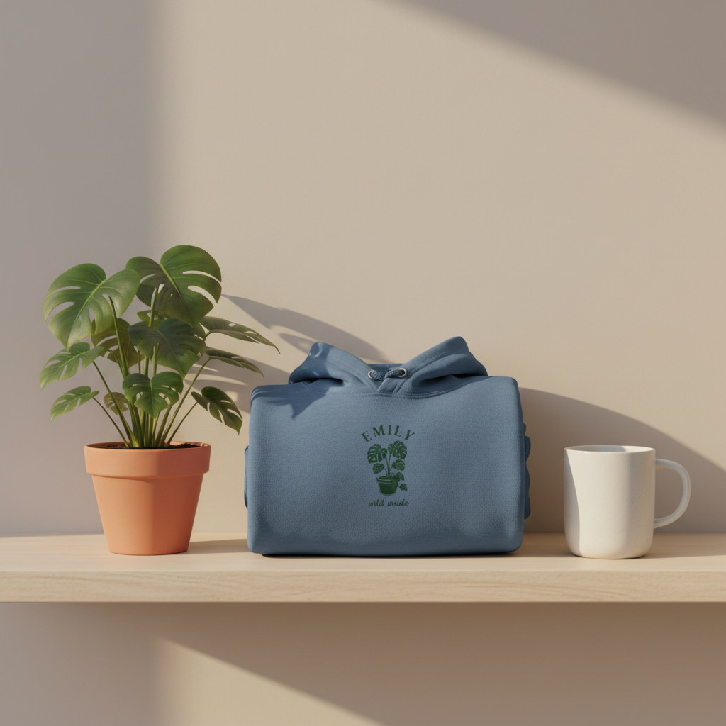 Blue pullover hoodie with EMILY palm plant graphic and “wild inside” text.