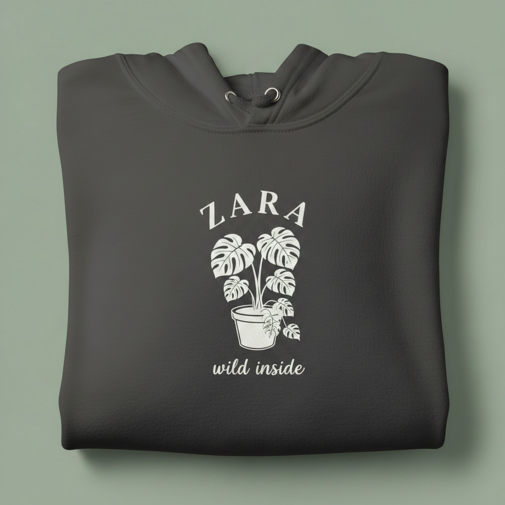 Dark gray hoodie with front hood and eyelet drawstrings; potted palm graphic with “ZARA”.