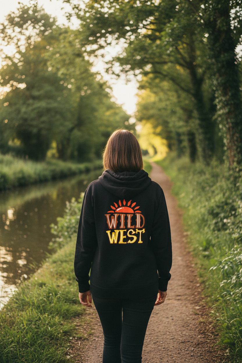 Black hoodie worn outdoors, back graphic with orange "WILD WEST" lettering.