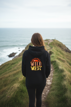 Black hoodie back view with "WILD WEST" flame logo centered.