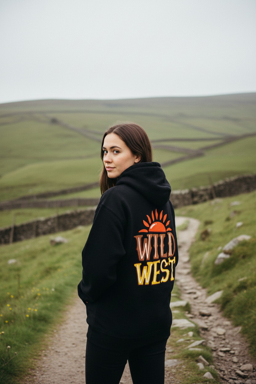 Black hoodie back graphic showing orange-and-yellow "WILD WEST" emblem.