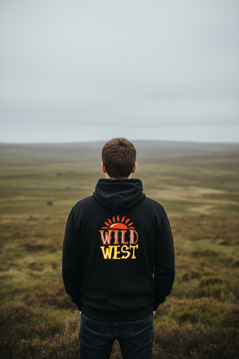Black hoodie back view with "WILD WEST" emblem on upper back.