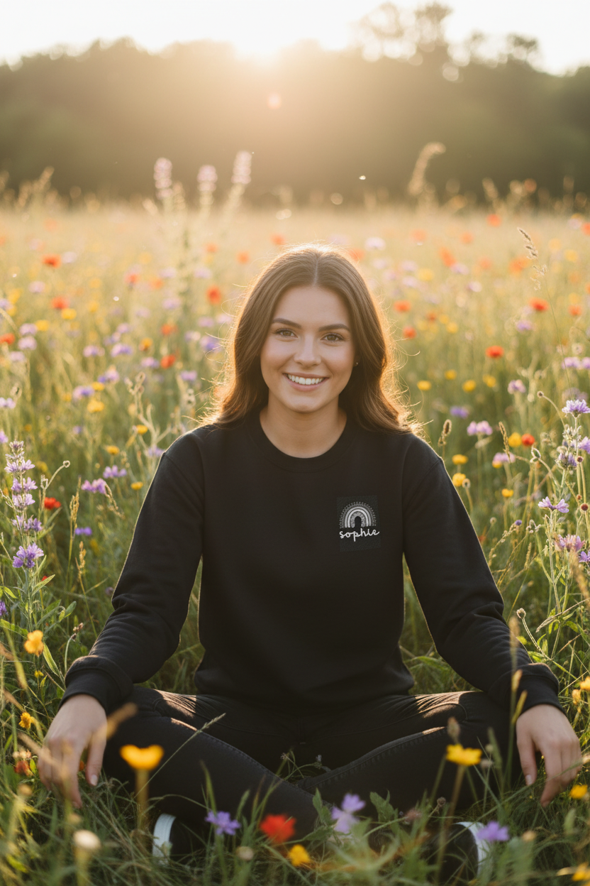 Black custom name sweatshirt with embroidered rainbow arch logo: seraph