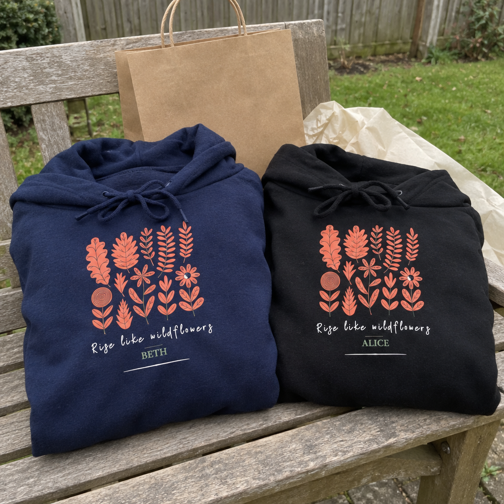 Wildflowers hoodies beside a gift bag in a garden