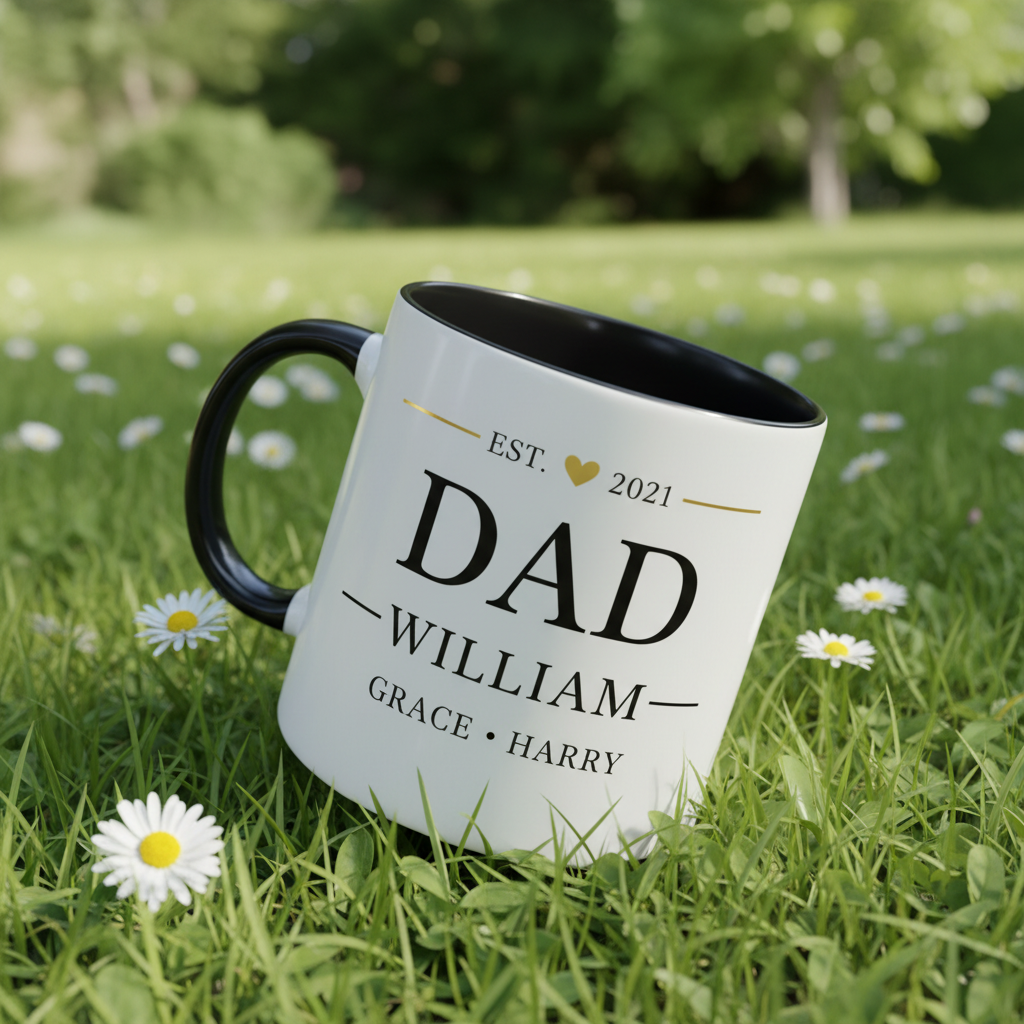 Two-tone dad coffee mug, black rim and handle; personalized “DAD” with names.