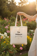 Natural canvas tote bag with handles and “The Williams family” text