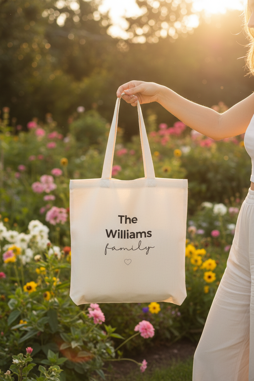 Natural canvas tote bag with handles and “The Williams family” text