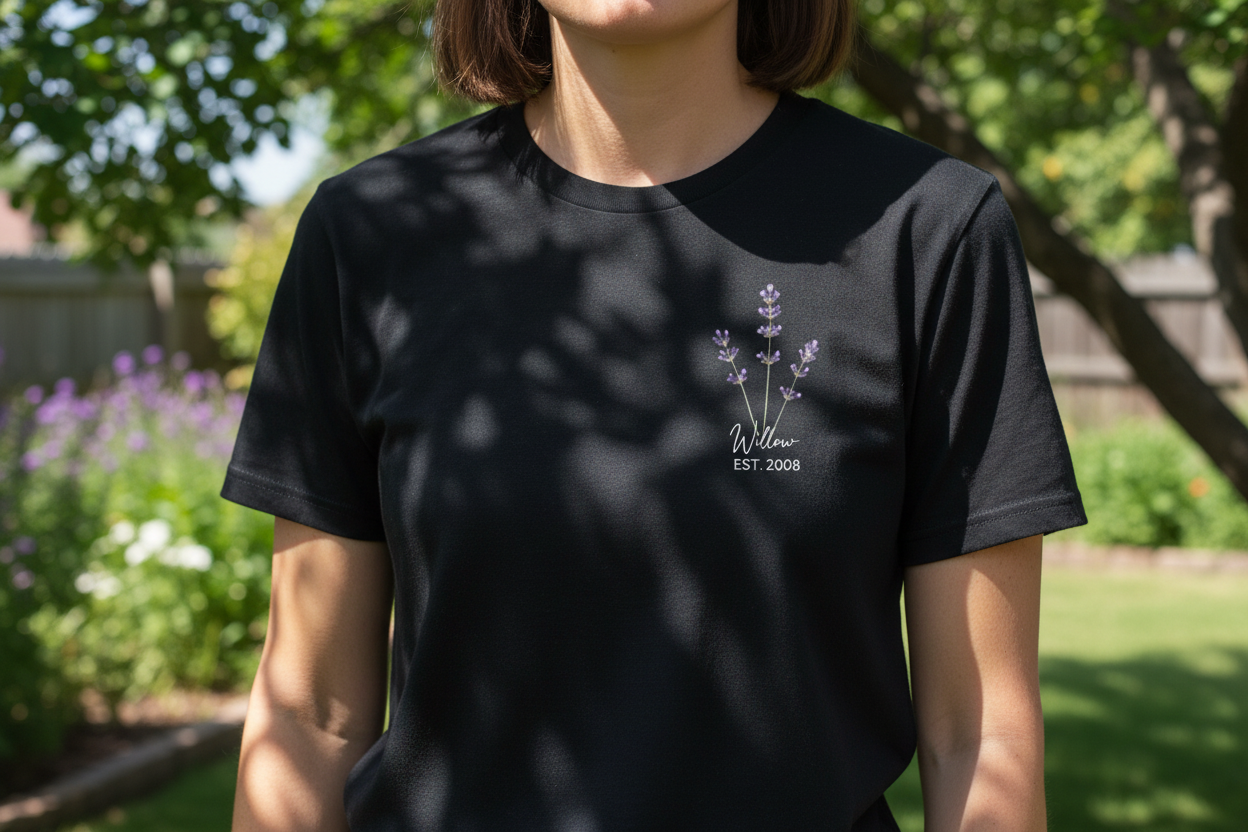 Woman wearing personalised lavender sprig t-shirt in black — UGC style close-up showing name Willow EST. 2008, botanical gift UK