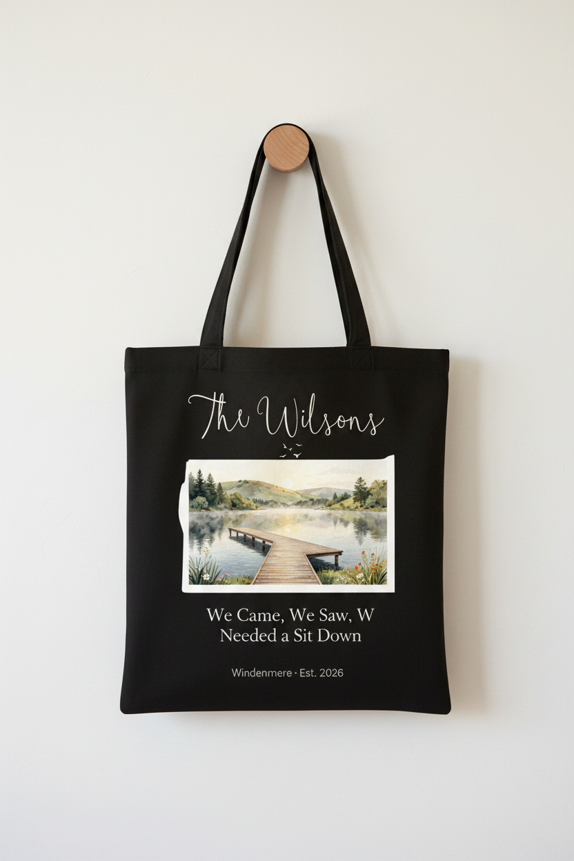 Black canvas tote bag on a white wall, with a printed lakeside boardwalk scene.