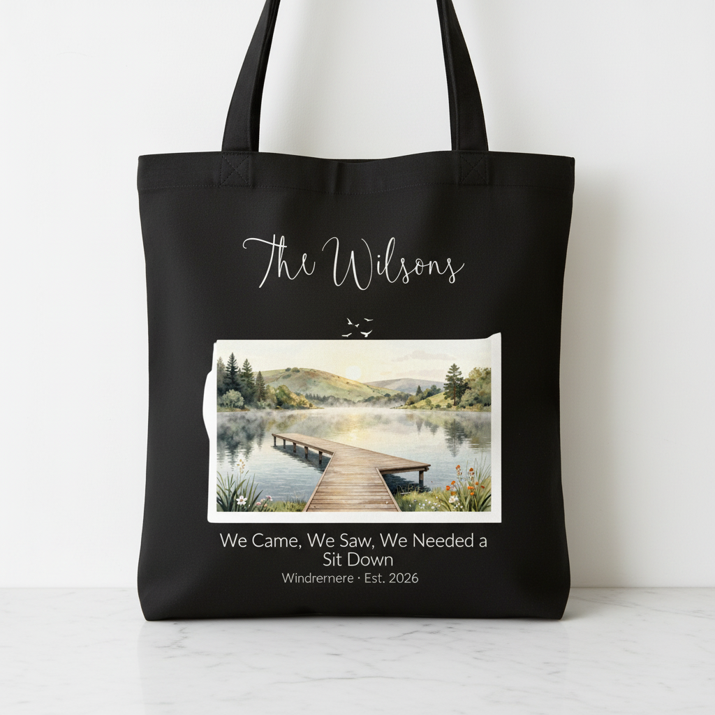 Black canvas tote bag with a printed lakeside boardwalk landscape on the front.
