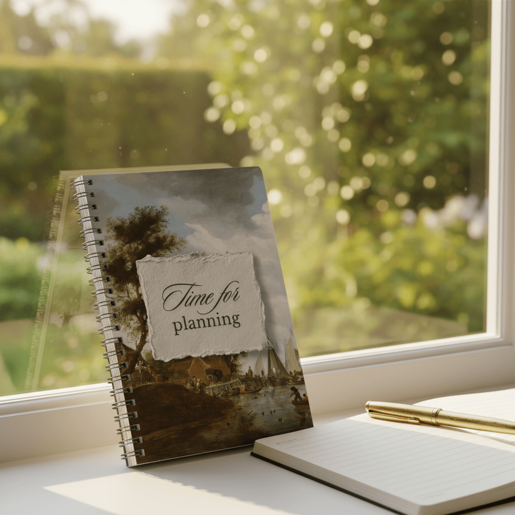 A5 wirobound planner notebook with vintage landscape cover and “Time for Planning” title.