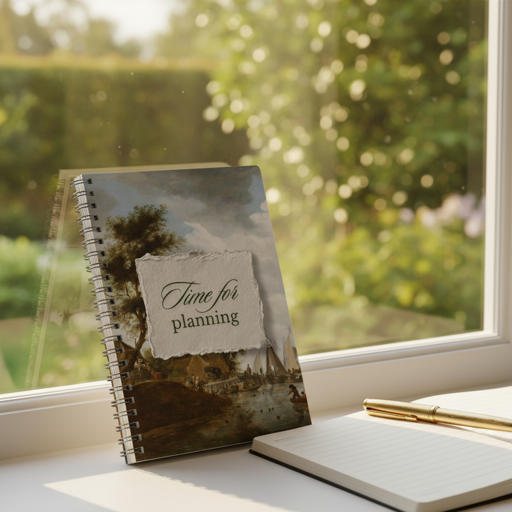 A5 wirobound notebook with vintage landscape cover and “Time for planning” title
