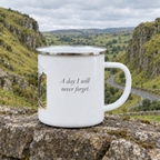 White enamel mug with silver rim, quote and mountain scene print