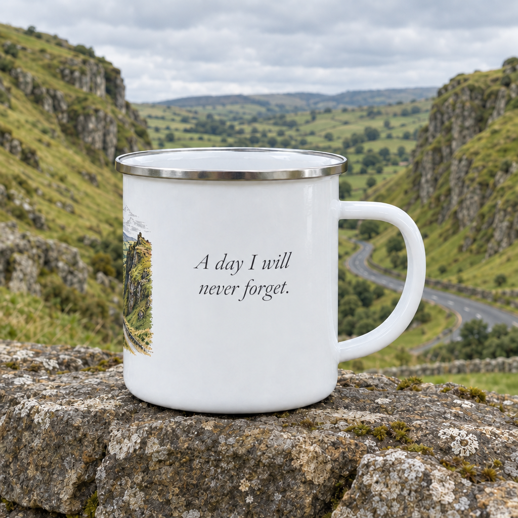 White enamel mug with silver rim, quote and mountain scene print