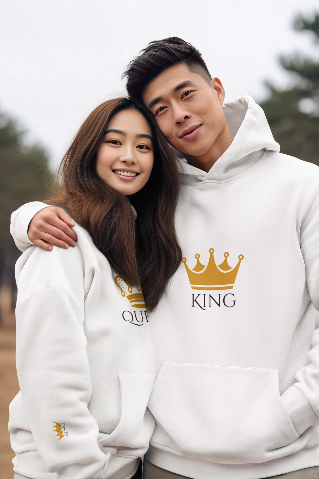White hooded sweatshirt with KING crown graphic on chest, with hooded partner visible