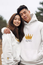 White hooded sweatshirt with KING crown graphic on chest, with hooded partner visible