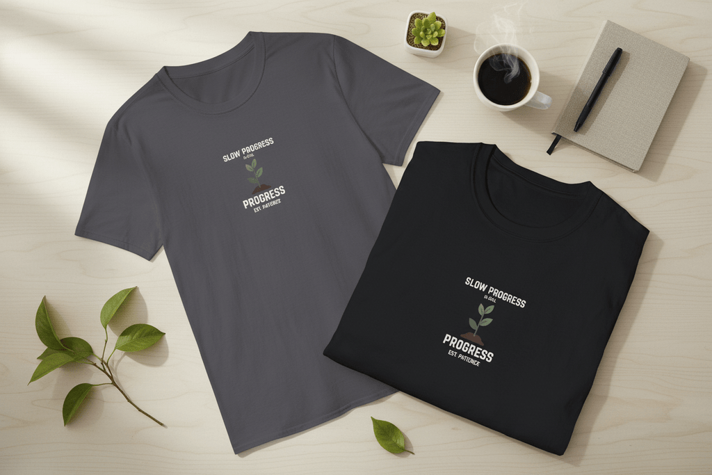 Charcoal and black crew-neck T-shirts with “Slow Progress” plant graphic on chest