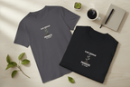 Charcoal and black crew-neck T-shirts with “Slow Progress” plant graphic on chest