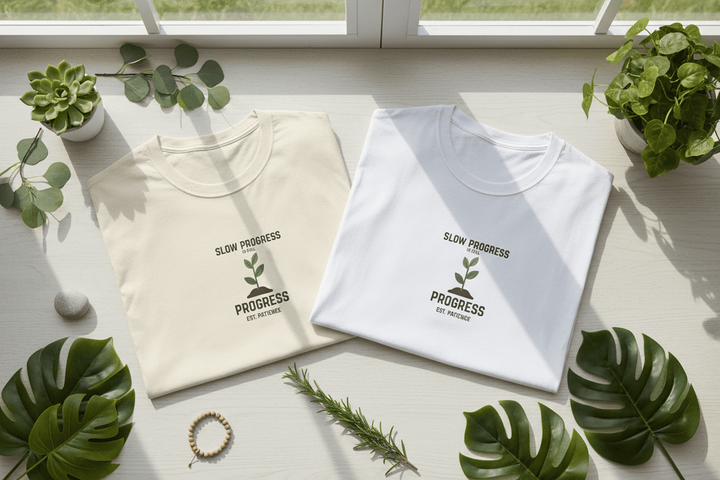 Two crew-neck T-shirts, cream and white, each with “Slow Progress” plant graphic
