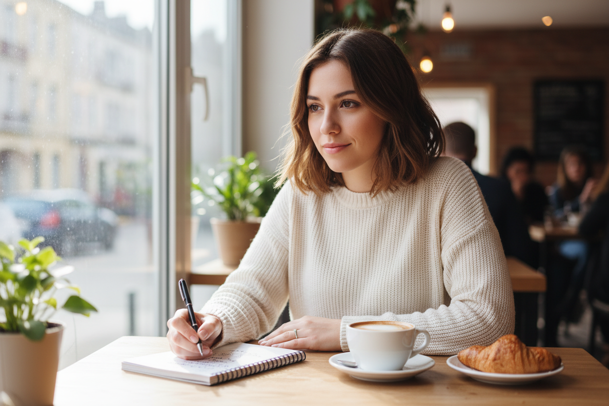 Woman at cafe table with diary and coffee